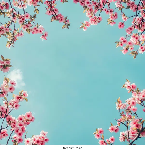 Pink Cherry Blossoms Frame Against Blue Sky