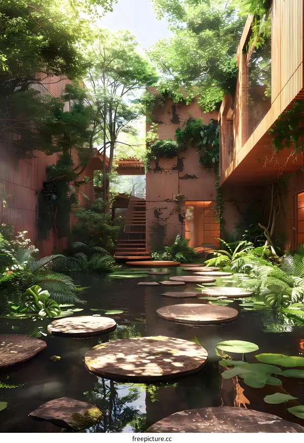 Courtyard with a pond and a wooden house