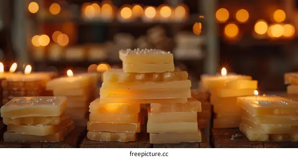 Close-up of Beeswax Candles with Luminous Flames
