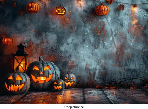 Spooky Halloween pumpkins and jack-o'-lanterns with scary faces