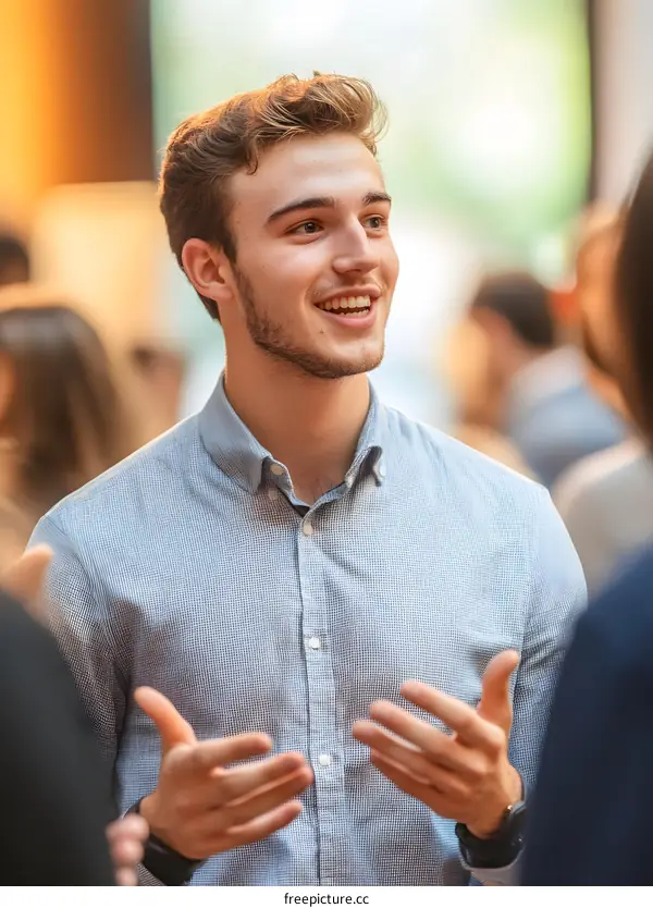 Young Caucasian Man in a Blue Shirt, Engaging in Conversation with Another Person in a Blurred Background