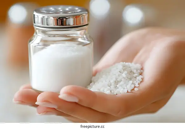 Hand holding salt and salt shaker