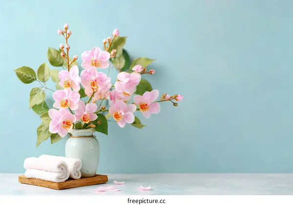 Pink Orchid Arrangement on Light Blue Background