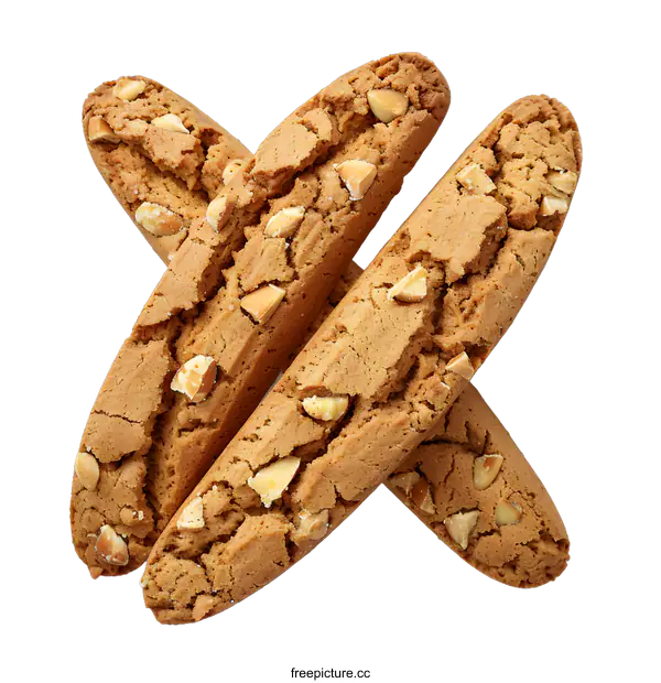 [Transparent Background PNG]Three almond biscotti arranged in a cross shape on a white background