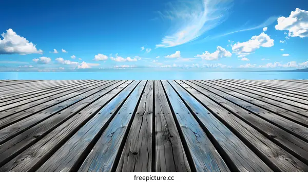Wooden Deck Over Blue Ocean and Sky