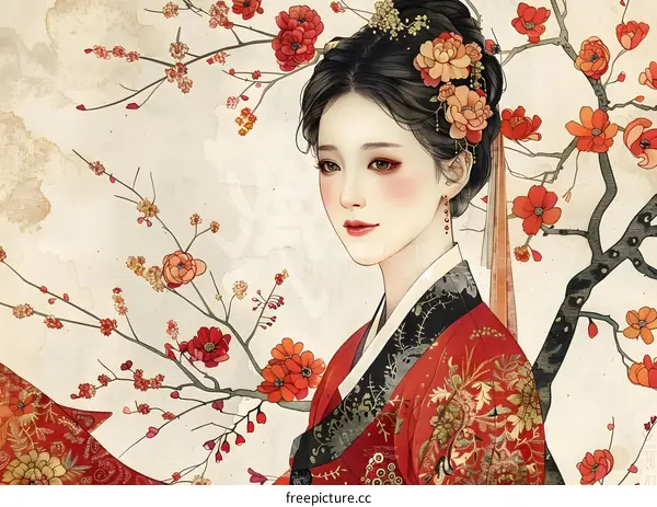 A beautiful Chinese woman in traditional red dress with flower hair accessories stands in front of a peach blossom tree.