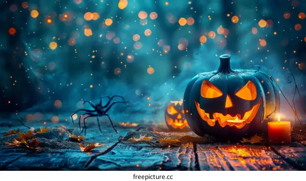 Spooky Halloween Pumpkin with Spider and Candle