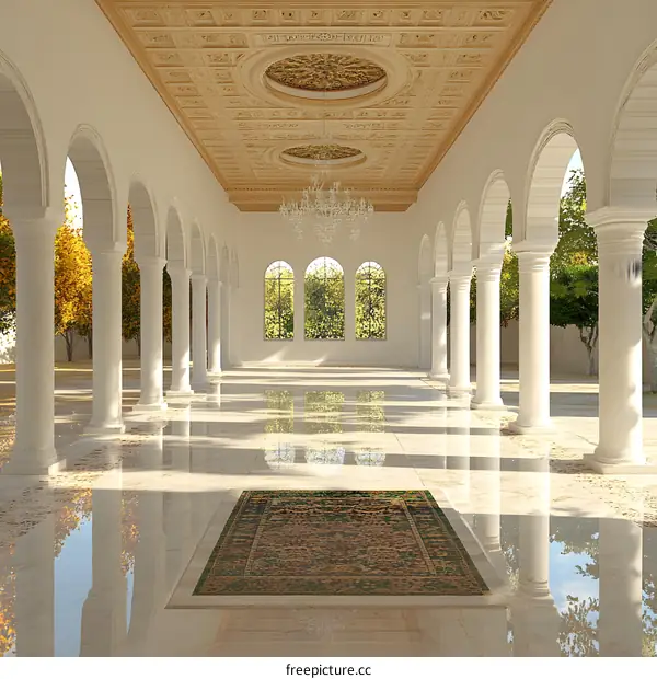 Ornate Hallway with Arched Columns and Chandelier