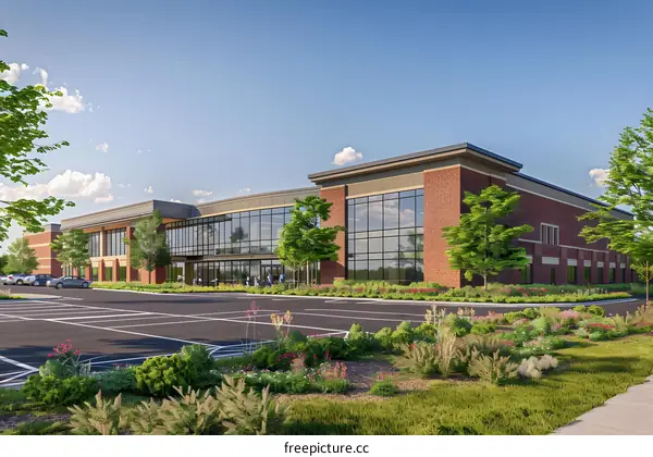Modern Brick Office Building with Glass Windows and Green Landscaping