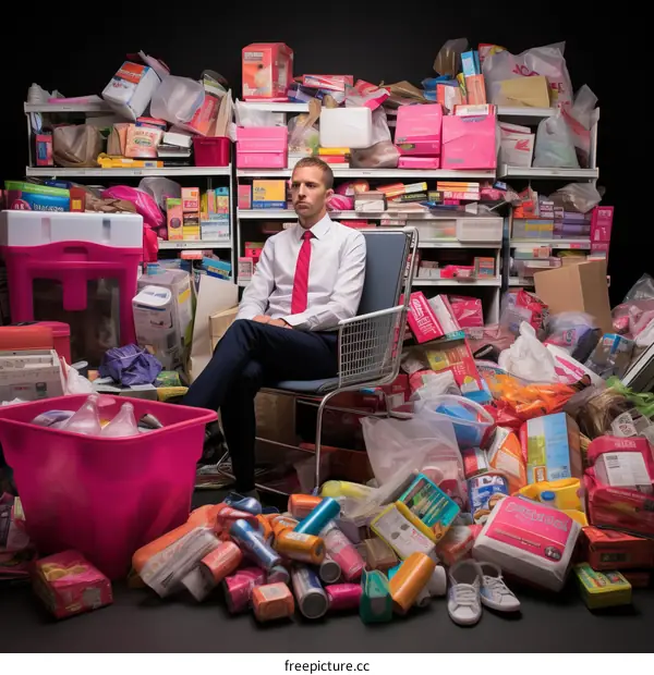 Man in a suit sits in a chair in a room full of pink and white plastic consumer goods.