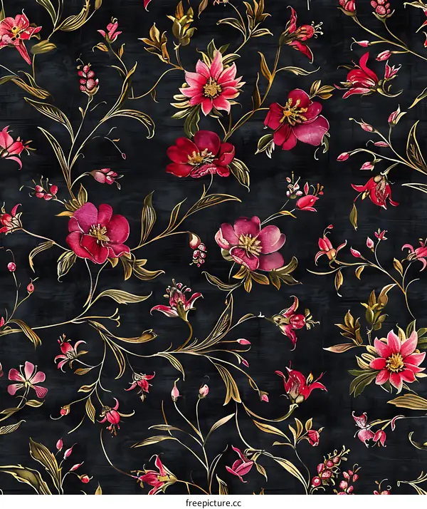 Floral Pattern with Pink Flowers on Black Background