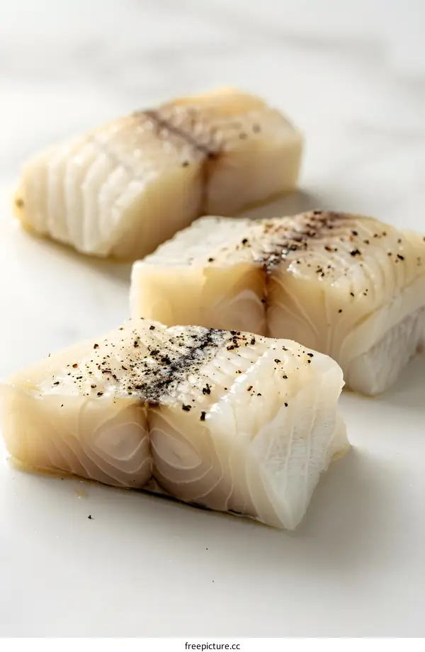 Three pieces of raw white fish fillet with black peppercorns on a marble surface