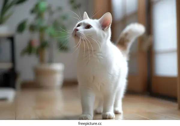 A white cat is walking on the wooden floor in the house