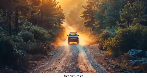 Sunset Drive on a Dirt Road Through a Forest