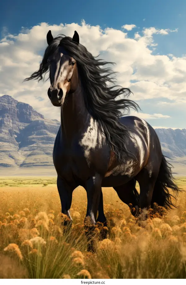 A black horse with long flowing mane and tail stands in a field of tall grass