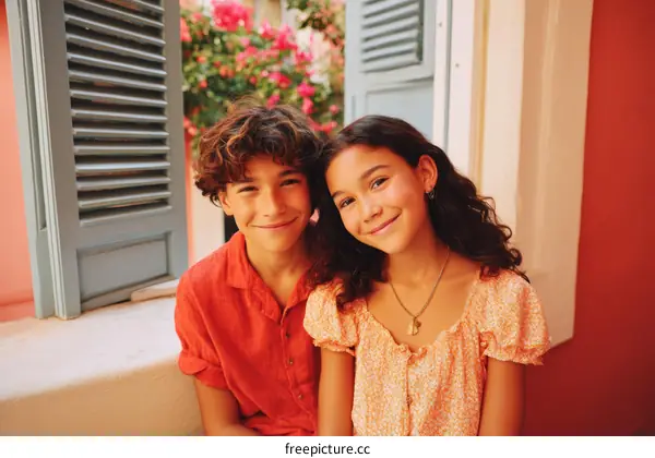 Two Children Smiling at the Window