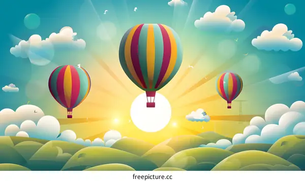 Colorful Hot Air Balloons Floating Above Green Hills and Blue Sky