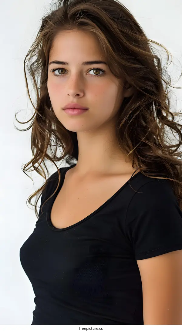 portrait of a young woman with long brown hair wearing a black t-shirt