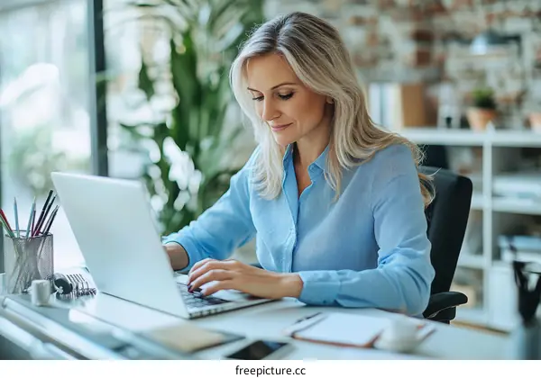 Caucasian Woman Working on Laptop in Office