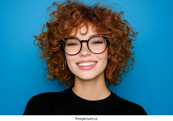 Beautiful Woman with Curly Red Hair and Glasses