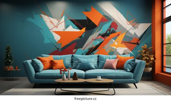 Blue and orange geometric mural in living room