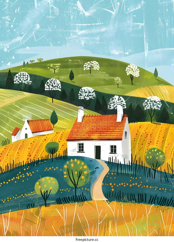 White Farmhouse with Orange Roof in a Green Landscape