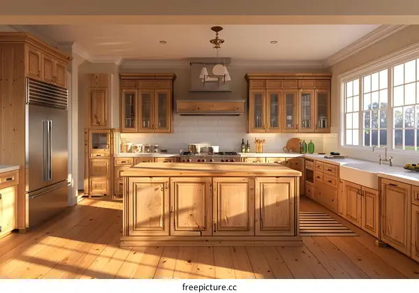 A wooden kitchen island in a large kitchen with a vaulted ceiling