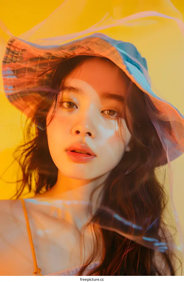 Asian Woman Wearing a Hat in a Yellow and Orange Background