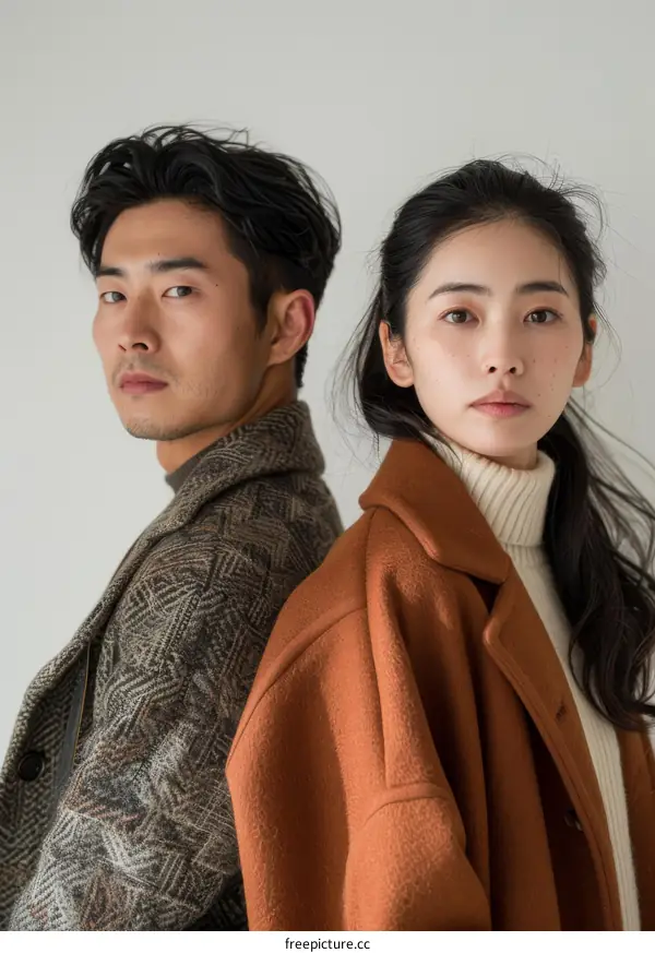 Two Asian models posing in brown and gray coats
