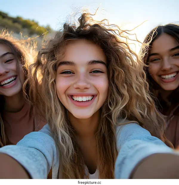 Three Smiling Friends Taking a Selfie Outdoors