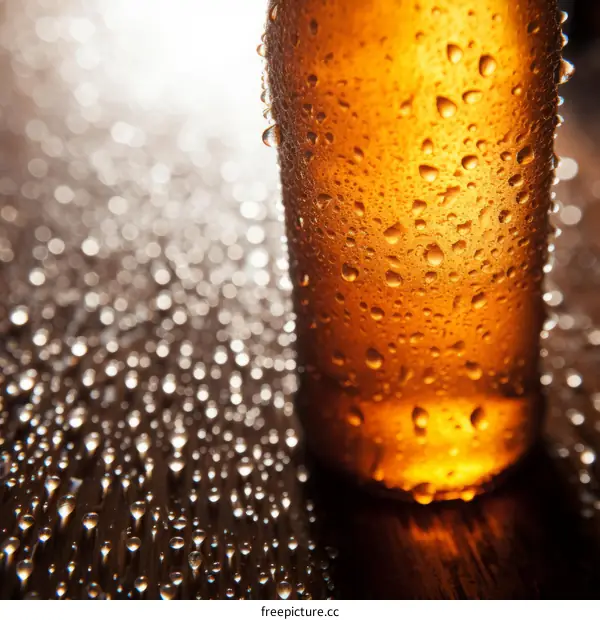 Beer bottle with water drops on a wooden table