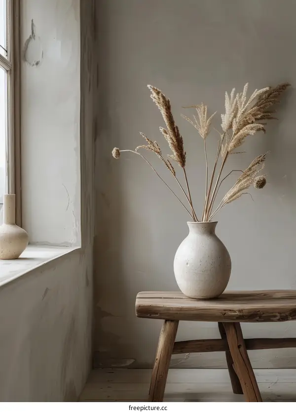 Dried Flowers in Ceramic Vase on Wooden Bench Near Window