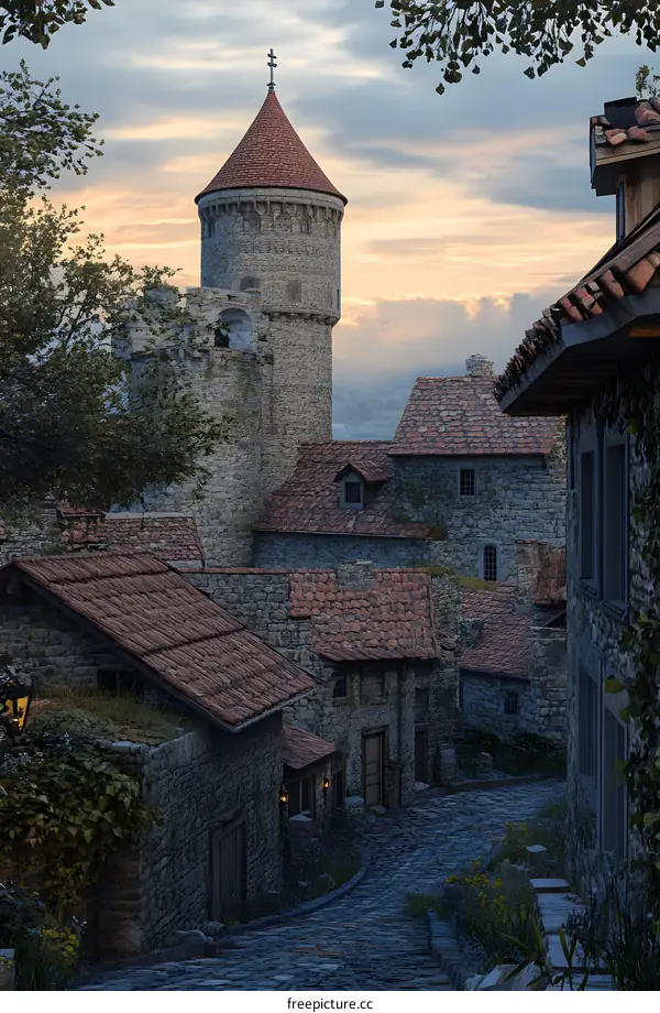 Medieval Village Sunset Fantasy Illustration