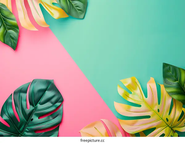 Tropical Leaves on Pink and Green Background