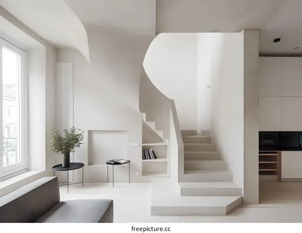 Modern Minimalist Interior Design with a Curved Staircase and White Walls