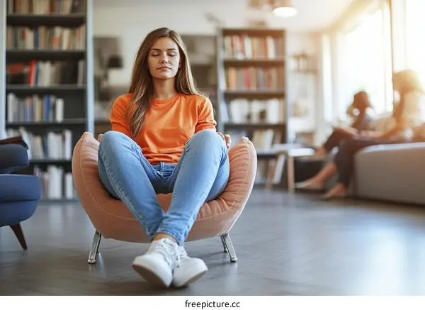 Relaxing Woman in a Modern Chair in a Home Library