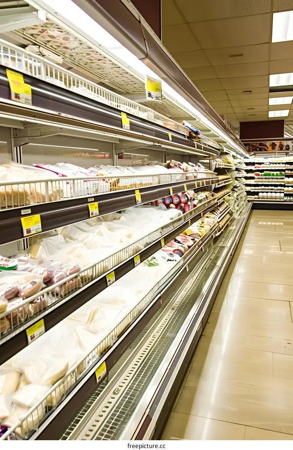 Supermarket Refrigerator Aisle With Products On Shelves