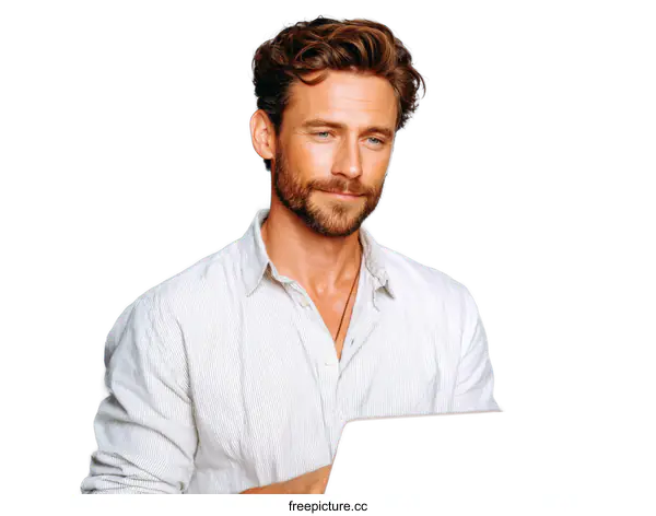 [Transparent Background PNG]Focused Caucasian Man Working on a Laptop