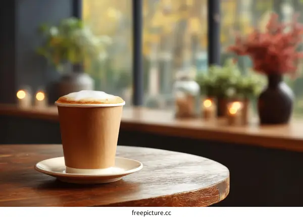 Cappuccino in a Disposable Cup on a Wooden Table