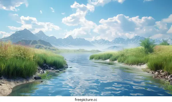 River Flows Through Grassland with Mountains and Sky