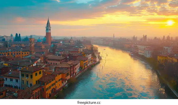 Verona Cityscape with Adige River at Sunset