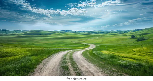 Lush Green Grassy Hill with Winding Country Dirt Road