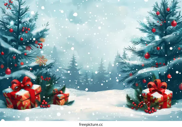 Festive Christmas Scene with Trees, Gifts, and Decorations