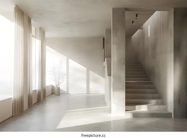 Modern Minimalist Interior Design with Concrete Stairs and Light