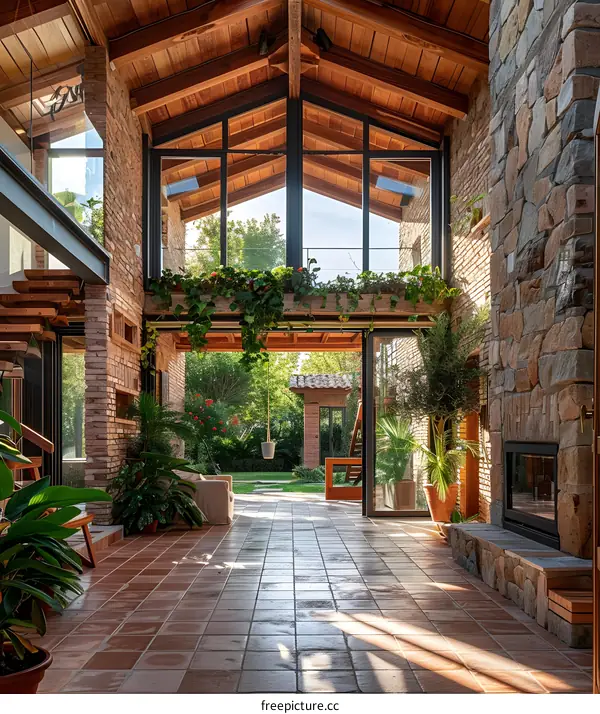 An interior image of a house with a high ceiling