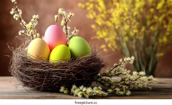 Easter Eggs in a Nest with Spring Blossoms