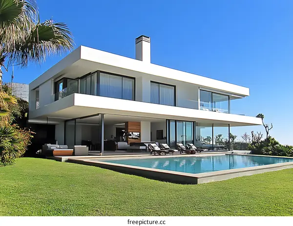 Modern White House with Swimming Pool and Palm Tree