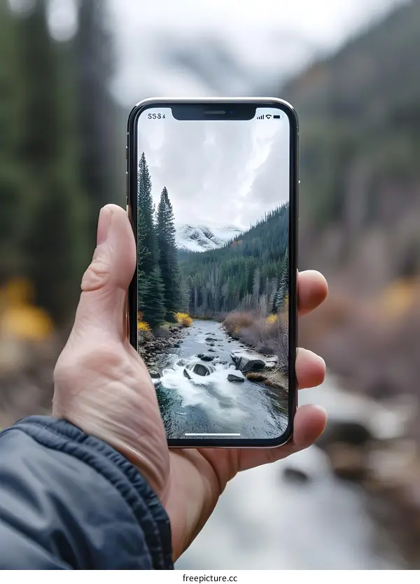 Hand Holding Phone With Mountain River View