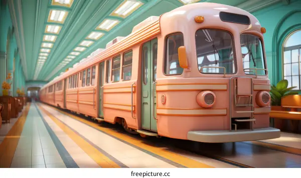 Retro Pink Train at a Green and Pink Station