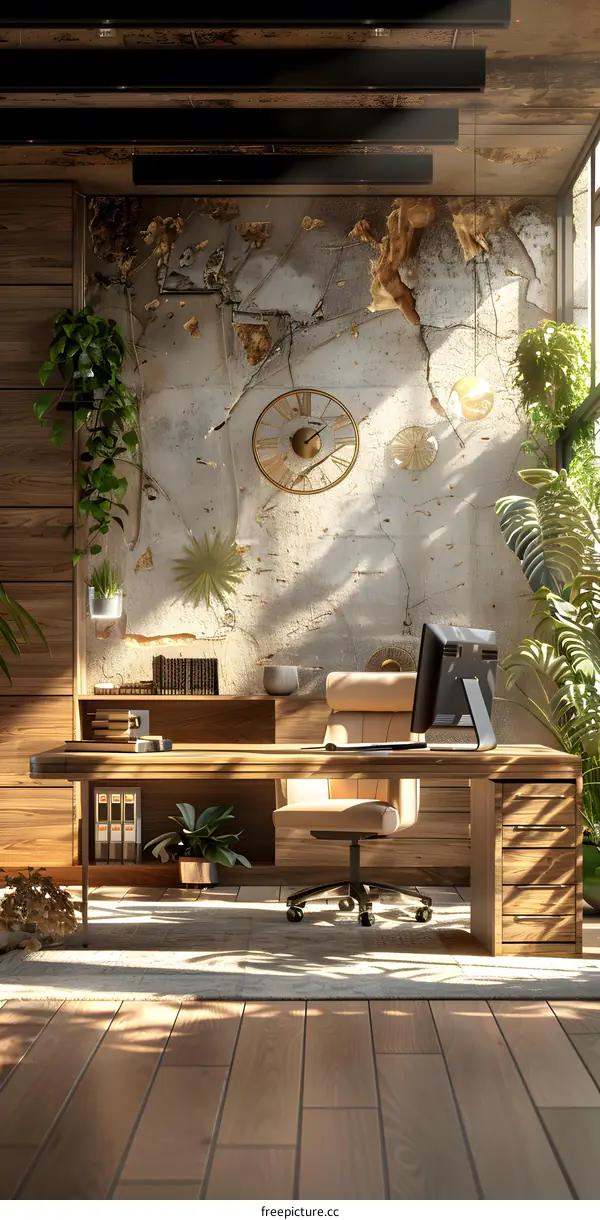 Modern home office interior design with wooden table and comfortable chair